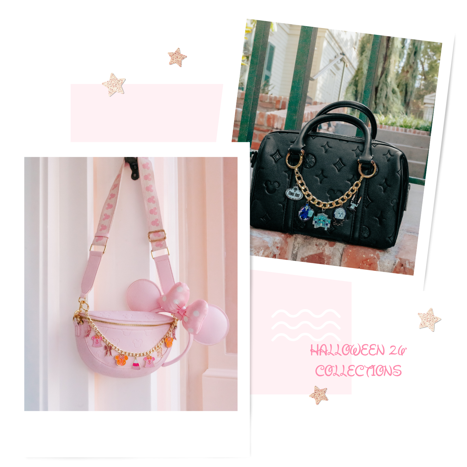A pastel pink crescent-shaped shoulder bag with gold hardware, featuring a large pink bow, round mouse-ear-like side decorations, and a patterned strap, hanging against a white door frame.